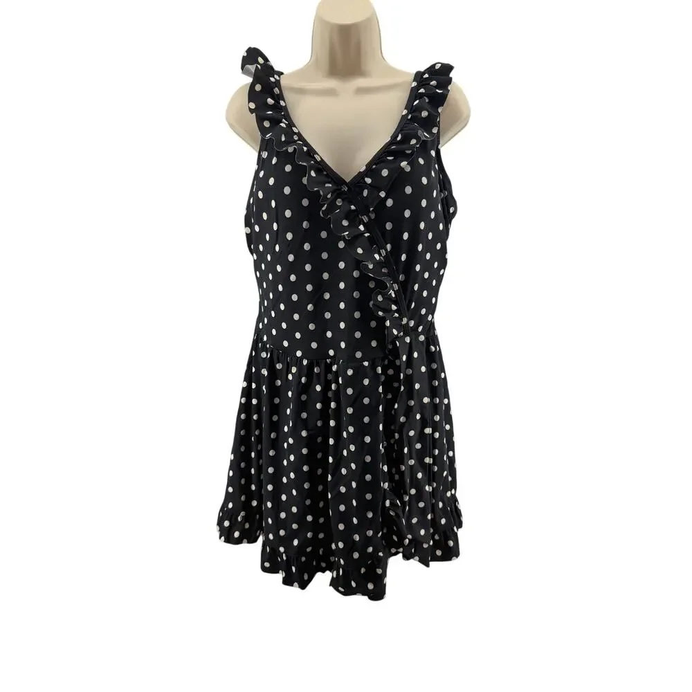 Swimsuits for All Women's Plus Size Faux-Wrap Swim Dress Black White Polka Dot20